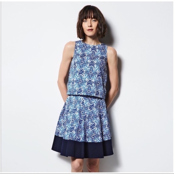 MILLY FOR DESIGNATION Skirt Pleated Stretch A-Line Boho Blue Tile Sizes S M - Picture 4 of 6